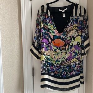 DVF Diane Von Furstenburg Classic Silk Bold Stripe Floral Tunic Mini Shirt Dress